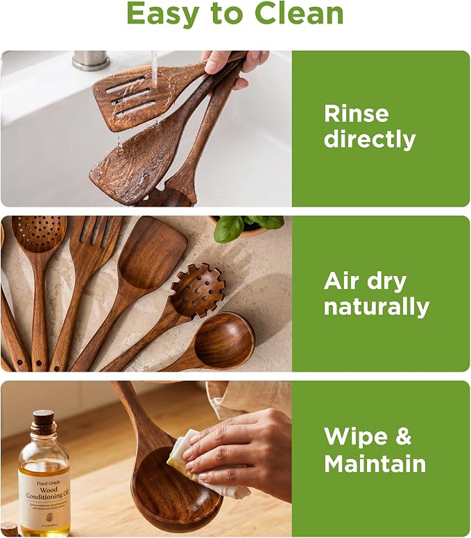Wooden Utensil Set - 10 Pcs Teak Wooden Spoons for Cooking, Non Toxic, Heat Resistant, Durable & Safe for Kitchen Nonstick Cookware