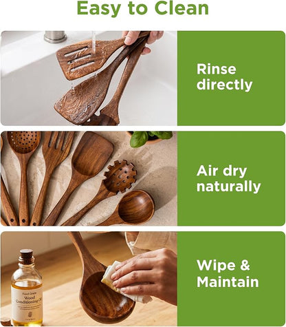 Wooden Utensil Set - 10 Pcs Teak Wooden Spoons for Cooking, Non Toxic, Heat Resistant, Durable & Safe for Kitchen Nonstick Cookware