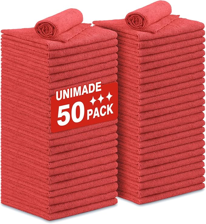 UNIMADE Shop Towels Rags, 50 Pack Reusable Shop Rags Bulk Microfiber Cleaning Cloth Lint Free Cleaning Towels for Car Kitchen Automotive Bar Mechanic Restaurant Garage, 11.5"x 11.5", Red