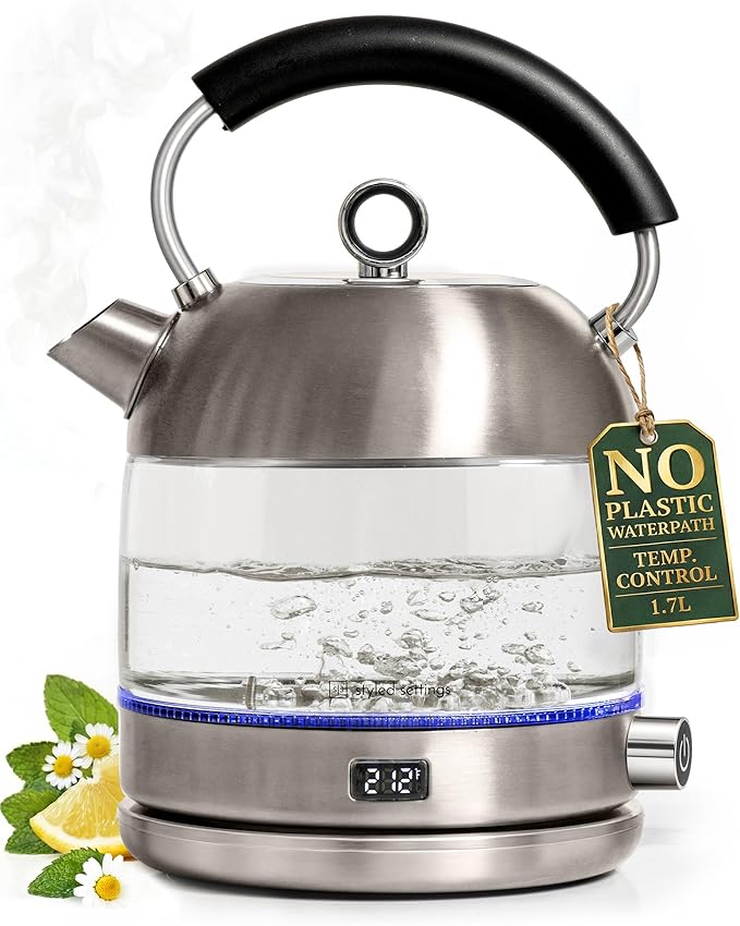 Stainless Steel Electric Kettle with Temperature Control - BPA and Plastic Free Electric Kettle with Keep Warm Function, Borosilicate Glass - Fast 1500W Hot Water Boiler, Auto Shut-Off