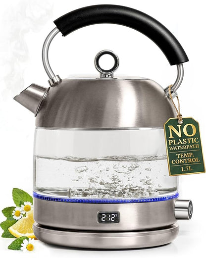 Stainless Steel Electric Kettle with Temperature Control - BPA and Plastic Free Electric Kettle with Keep Warm Function, Borosilicate Glass - Fast 1500W Hot Water Boiler, Auto Shut-Off