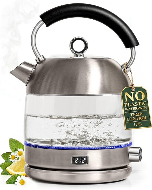 Stainless Steel Electric Kettle with Temperature Control - BPA and Plastic Free Electric Kettle with Keep Warm Function, Borosilicate Glass - Fast 1500W Hot Water Boiler, Auto Shut-Off