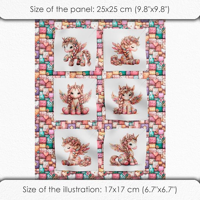 Unicorn Patchwork Cotton Fabric Panel – 6 Designs (10×10 inch Each) + Bonus Patchwork Sheet 29.5×19.6 inch, 100% Cotton 140 GSM