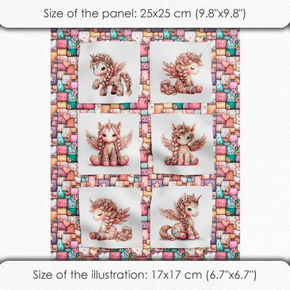 Unicorn Patchwork Cotton Fabric Panel – 6 Designs (10×10 inch Each) + Bonus Patchwork Sheet 29.5×19.6 inch, 100% Cotton 140 GSM