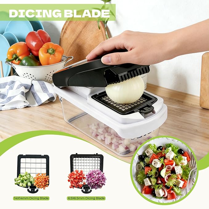 Vegetable Chopper, 17-in-1 Food Chopper with Built-in Container, Includes Cut-Resistant Gloves & Interchangeable Blades, Potato Onion Slicer for Salad Prep, Kitchen Gadgets for New Home