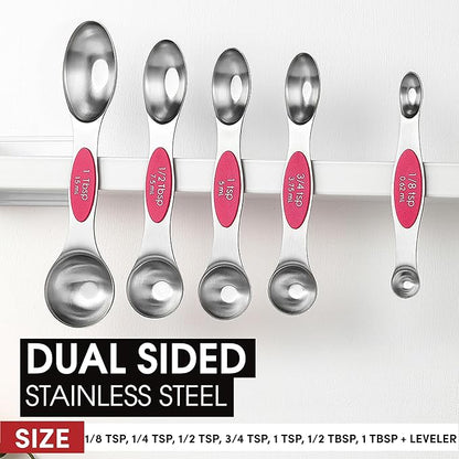 Spring Chef Pink Stainless Steel Magnetic Measuring Spoons Set of 8 with Leveler, Dual Sided Teaspoon & Tablespoon Measuring Set for Dry and Liquid Ingredients, Kitchen Gadgets for Baking & Cooking
