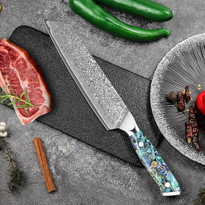 Home Safety Damascus Kiritsuke Knife with Sharp 20cm Blade Made of 67 Layers of VG-10 Damascus Steel Kitchen Knifves Damascus Carving Knife, Abalone Shell Handle, Gift Box