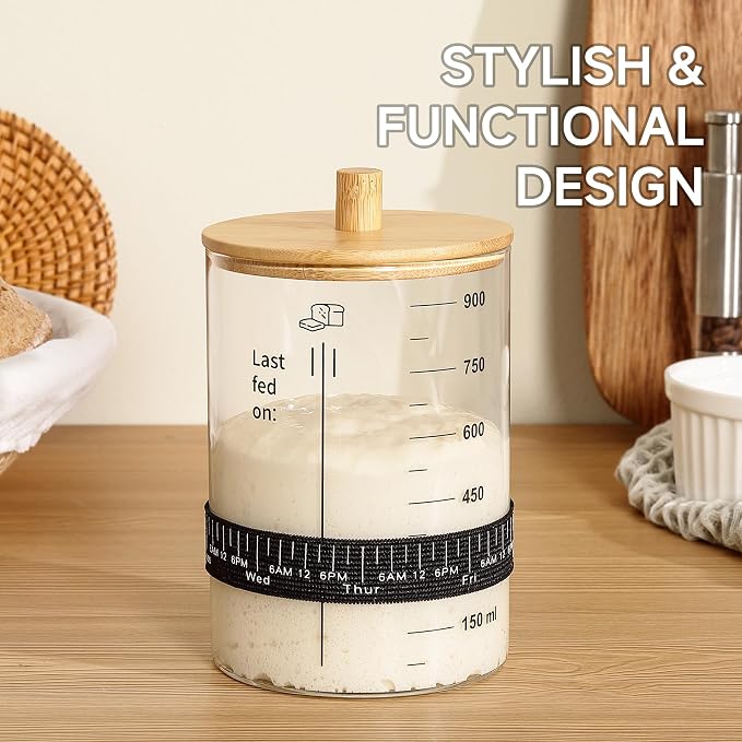 HomeFeel Premium Sourdough Starter Jar - 34 Oz Large Glass Jar with Bamboo Lid, Cloth Cover, Date Tracker, Thermometer and Scraper, Stylish Design and Wide Mouth Starter Kit (2 Pack)