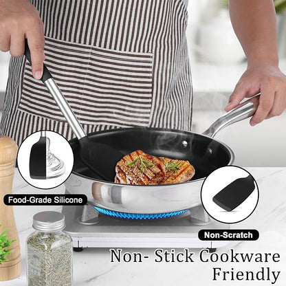 TeamFar Cooking Utensils Set, 5 PCS Silicone Kitchen Utensils with Stainless Steel Handle, for Nonstick Cookware Flipping Frying Turning Draining, Heatproof & Healthy, Nonstick & Easy Clean, Black
