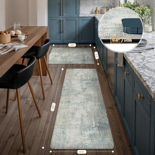 Kitchen Mats for Floor Set of 2 Anti Fatigue Waterproof Kitchen Rug Blue Cream Abstract Cushioned Non-Slip Kitchen Mats Comfort Standing Neutral Mat for Sink Laundry Office 17.3"×47"+17.3"×30"