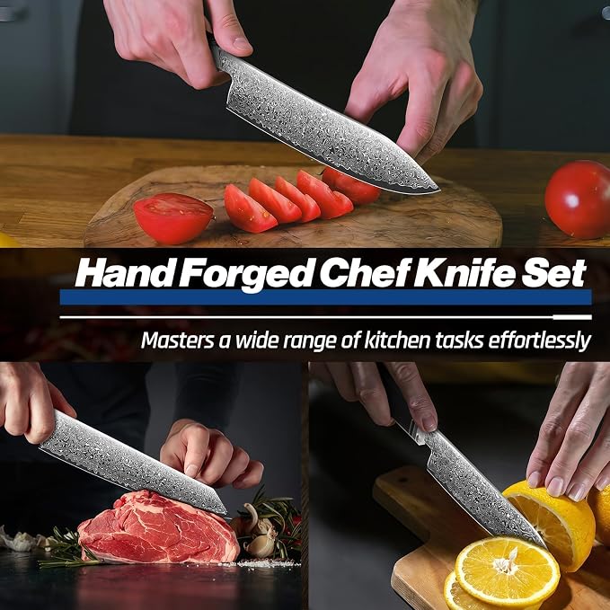 Huusk Damascus Chef Knife Set - 3 PCS Kitchen Knives Professional, Razor Sharp 67 Layers Damascus Japanese Knife Set for Kitchen with Wood Handle, Ideal Christmas Gifts for Men Women