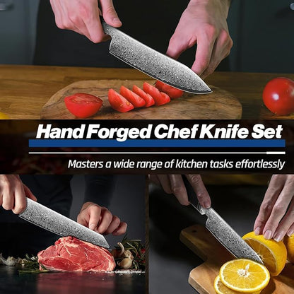 Huusk Damascus Chef Knife Set - 3 PCS Kitchen Knives Professional, Razor Sharp 67 Layers Damascus Japanese Knife Set for Kitchen with Wood Handle, Ideal Christmas Gifts for Men Women
