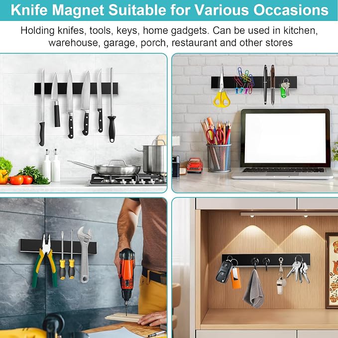 Knife Magnetic Strip With 3 Hooks, 14" Magnetic Knife Holder for Wall Mount Fridge Refrigerator, No Drill Knife Magnet Tool Holder Bar Adhesive Backing, Kitchen Organizer Knives Block RV Accessories