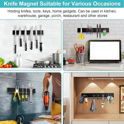 Knife Magnetic Strip With 3 Hooks, 14" Magnetic Knife Holder for Wall Mount Fridge Refrigerator, No Drill Knife Magnet Tool Holder Bar Adhesive Backing, Kitchen Organizer Knives Block RV Accessories