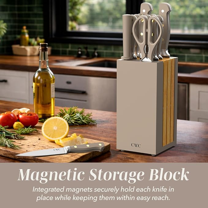 COOK WITH COLOR 14 Pieces Kitchen Knife Block Set, Knives for Kitchen, Forged Cutlery with Razor-Sharp High Carbon Steel Blades, Magnetic Block