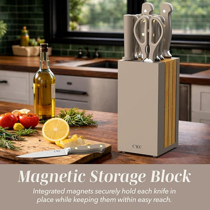 COOK WITH COLOR 14 Pieces Kitchen Knife Block Set, Knives for Kitchen, Forged Cutlery with Razor-Sharp High Carbon Steel Blades, Magnetic Block