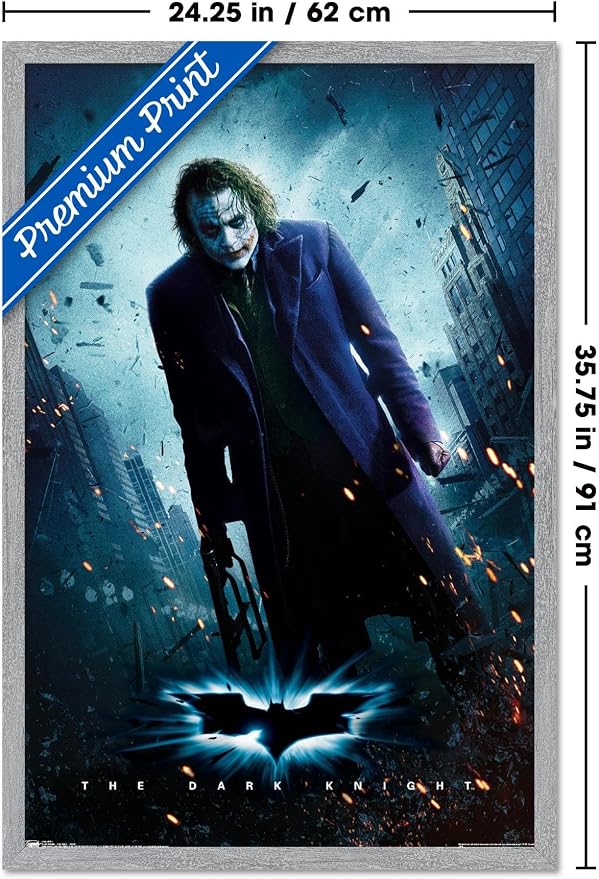 DC Comics Movie The Dark Knight - The Joker - One Sheet Wall Poster, 34L" x 22.4W", Gray Framed Version