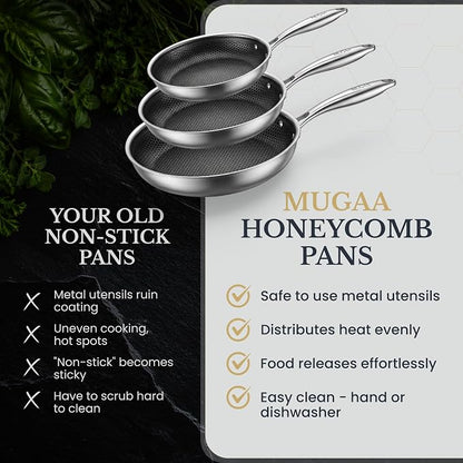 Honeycomb Stainless Steel Nonstick Frying Pan Set - with Lids and Spatula - 8 10 12 Inch Hybrid Pan - Induction Compatible - PFOA-Free - Oven Safe - Dishwasher Safe Skillet