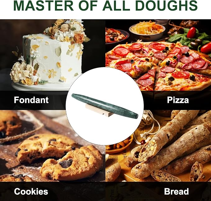 French Marble French Rolling Pin with Wooden Resting Base, 15 inch Kitchen Baking Tool for Baking with Non-Stick Surface, Ideal as a Dough Roller for Pie Crust, Cookie, Pasta
