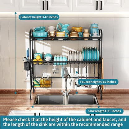 HOWDIA 3-Tier Over The Sink Dish Drying Rack,Stainless Steel Dish Rack with Cutlery Holder & Chopping Board Rack, 33.9” x 11.4” x 32.3” for Maximum Kitchen Storage（Black）