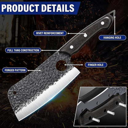TAN REN 7PCS BBQ Knife Set, Professional Butcher Knives for Meat Cutting, Hand Forged Serbian Chef Knife, Viking, Boning, Skinning Knives & Poultry Shears, Idea Gift for Men Kitchen Outdoor Cooking