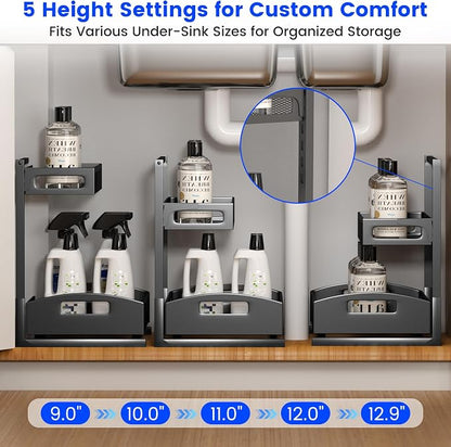 Petiza Under Sink Organizer,2 Pack Height Adjustable Under Sink Organizers and Storage, 2 Tier Under Sink Storage for Kitchen Bathroom Cabinet
