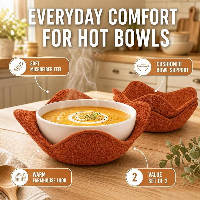 Set of 2 Microwave Bowl Cloth Hot Pads with Brown Color - Multipurpose Heat Resistant Plate Holders 7"x4" Inches - Pot Holder Microwavable Bowl Cozies for Food - Ramen Soup or Bowl Cozy