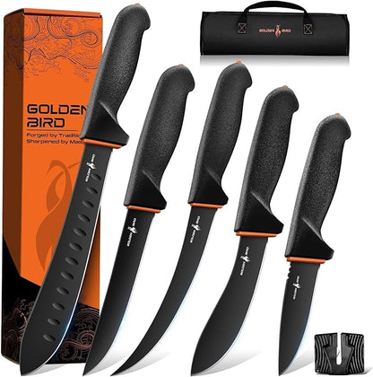 Golden Bird Butcher Knife Set - Non-slip Skinning Knife Set with Roll Bag, Professional Game Processing Knives Sets - Butcher & Skinning Boning Knives with German Stainless Steel, Gift for Men