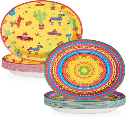 50Pcs Mexican Fiesta Oval Paper Plates 10" x 12" Large Heavy Duty Taco Carnival Disposable Plates Mexican Theme Cinco de Mayo Dessert Platters for Taco Tuesday Birthday Party Supplies Decor