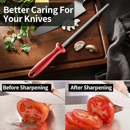 Knife Sharpener Rod, Kitchen Knives Sharpener Carbon Steel Professional Knife Sharpening Steel, Red Diamond Honing Rod with Hanging Holes (13 inches)