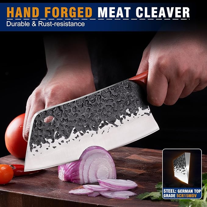 KITNATS 2PCS Hand Forged Butcher Knife Set, Meat Cleaver & Serbian Chef Knife for Meat Cutting, Boning, Kitchen Prep, Outdoor Cooking, BBQ, Gift for Men