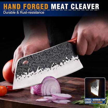 KITNATS 2PCS Hand Forged Butcher Knife Set, Meat Cleaver & Serbian Chef Knife for Meat Cutting, Boning, Kitchen Prep, Outdoor Cooking, BBQ, Gift for Men