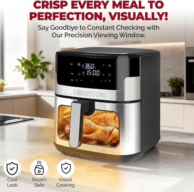 8.5QT Air Fryer with Visual Window, Large Family Size XL Airfryer with 8 Presets, Stainless Steel Oven for Fast Healthy Cooking, Reheat & Crisp, Dishwasher Safe, Gift Box Included