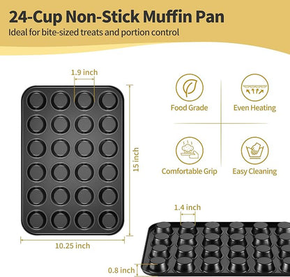 TeamFar Mini Muffin Pan, 24-Cup Non-Stick Carbon Steel Cupcake Tray Tin for Baking, Small Cup Cake Bakeware for Bite-Sized Cheesecake Tart Quiches, Even Baking & Effortless Release & Easy Clean