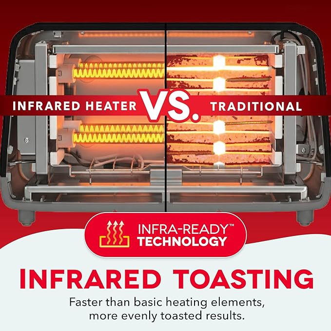 Dash Clear View Toaster, 10.5" Long Slot 2 Slice Toaster with See-Through Glass Window, 7 Browning Levels, Bagel, Defrost & Reheat Functions, Removable Glass Panel, Crumb Tray - Red