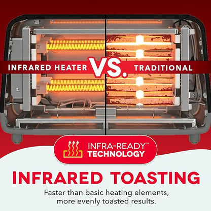Dash Clear View Toaster, 10.5" Long Slot 2 Slice Toaster with See-Through Glass Window, 7 Browning Levels, Bagel, Defrost & Reheat Functions, Removable Glass Panel, Crumb Tray - Red
