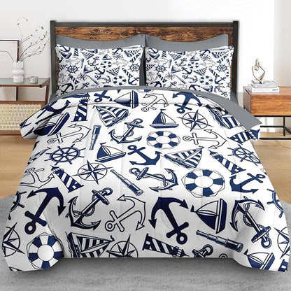 Pamnest Comforter Set Twin Size, Nautical Anchors Navy Blue 5 Pcs Bedding for Kids and Adults, Retro Sailor Lighthouse Bed Sheet Sets with Fitted Sheet Pillowcase & Sham for Bedroom Bed Decor