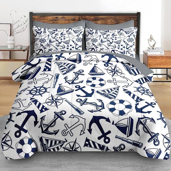 Pamnest Comforter Set King Size, Nautical Anchors Navy Blue 7 Pcs Bedding for Kids and Adults, Retro Sailor Lighthouse Bed Sheet Sets with Fitted Sheet 2 Pillowcase & 2 Sham for Bedroom Bed Decor