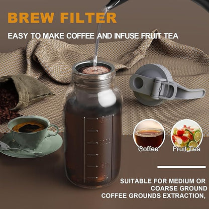 JunVpic Cold Brew Coffee Maker Jar - 64oz Wide Mouth,LeakProof,Heavy Duty Glass Mason Pitcher with Spout Lid,Handle & Stainless Steel Filter for Iced Coffee,Lemonade,Ice Tea & Fruit Drinks