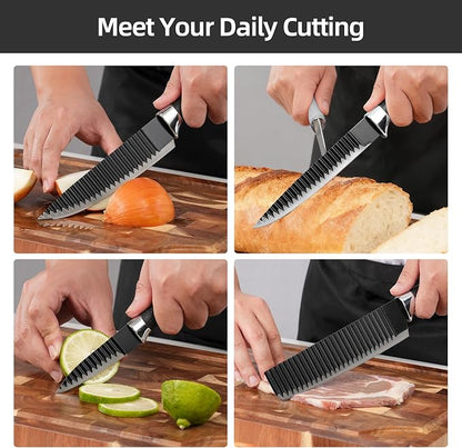 TJ POP 6-Piece Kitchen Knife Set, Non-Stick Coated Wavy-Grained Stainless Steel Blades, Non-Slip Ergonomic Handle, Lightweight Rustproof Sharp Chef's Knives for Home Cooking Restaurant Camping, Black