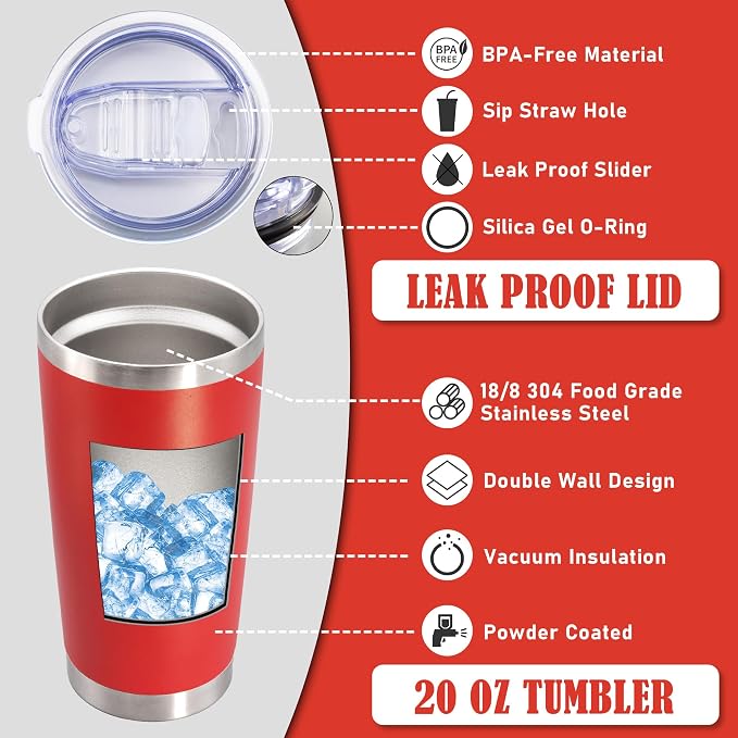 20 oz Tumbler Coffee Travel Tumblers Bulk with Lid Stainless Steel Double Wall Vacuum Insulated Mug Powder Coated Cups fit Car Cupholder for Hot and Cold - Red, 1Pack