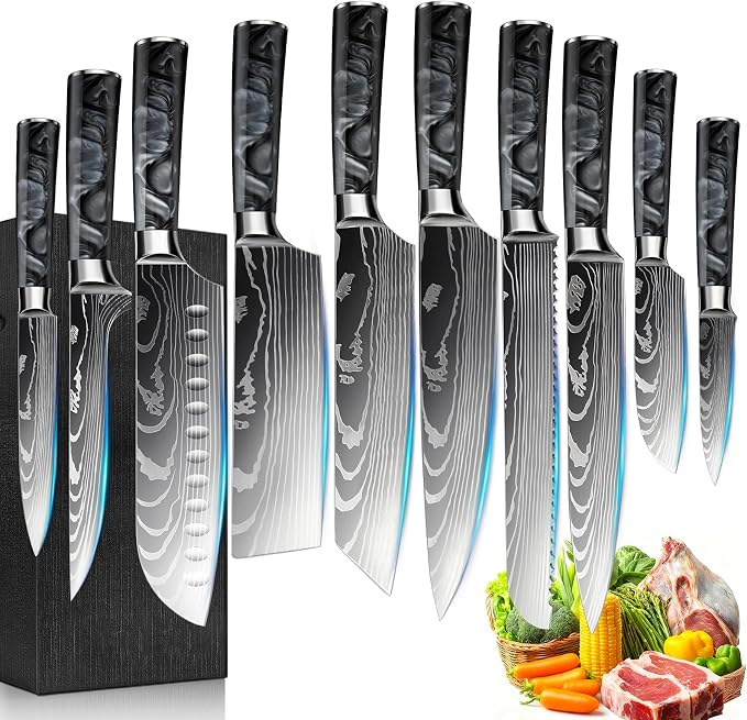 10-Piece Premium Japanese Kitchen Knife Set - Star Collection, Laser Damascus Pattern, 440A Stainless Steel Ultra Sharp for Fast Cutting (Black)