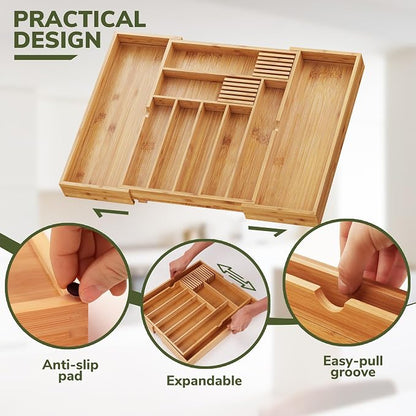 BAMEOS Bamboo Drawer Organizer Expandable Kitchen Silverware Organizer with 7-9 Deep Compartments, Bamboo Reinforced Cutlery Tray, Adjustable Utensil Holder for Kitchen(16.1"-22.4" Wide, Natural)