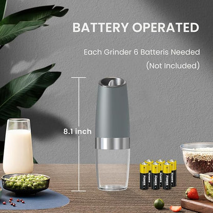 Battery Operated Salt And Pepper Grinder Set with LED Light, Automatic Electric Gravity Salt And Pepper Shakers Set, Each 6 AAA Batteries Needed, Adjustable Roughness, 2 Pack (LightGrey)