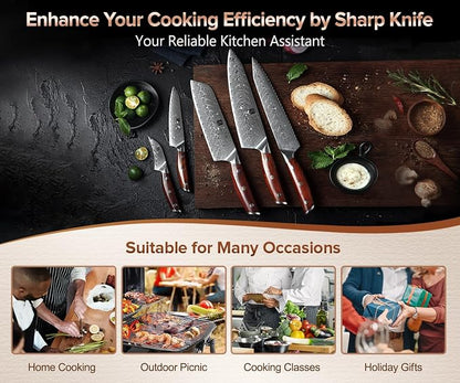 XINZUO 5 Pcs Knife Set, Professional Super Damscus Steel Kitchen Knife Set, Ultra Sharp Blade, Natural Rose Handle, Chef Gift Box-Yi Series