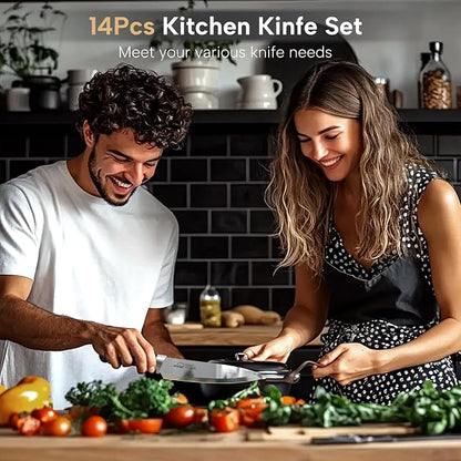 Knife Set, Amorston 14-Piece Kitchen Knives Set with Block & Sharpening Stone, Stainless Steel Dishwasher Safe, Knife Block Set with Ergonomic Handle, Professional Kitchen Knives for Home Cooking