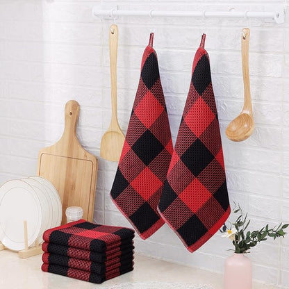 Homaxy 100% Cotton Waffle Weave Check Plaid Dish Cloths, 12 x 12 Inches, Super Soft and Absorbent Dish Towels Quick Drying Dish Rags, 12-Pack, Black & Red