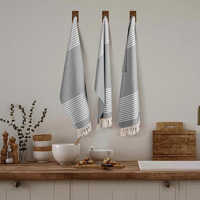 TWINY threads Set of 6 100% Cotton Turkish Kitchen Towels with Hanging Loop & Tassels (18" X 28") | Ultra Washcloth with Fringes | Reusable Hand Towels - Black