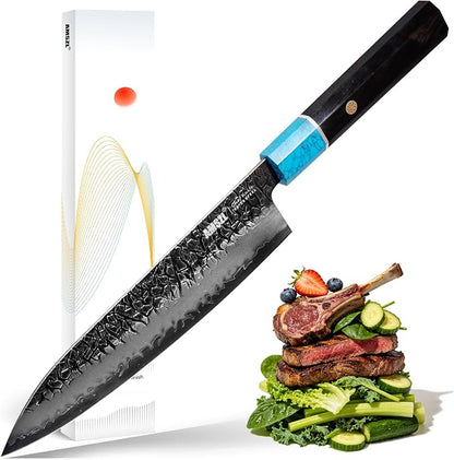 8" Japanese VG10 Damascus Chef Knife – Blue Turquoise, Ebony Handle | HRC 60-62, stays sharp 3X longer. 5-layer Damascus, full tang octagonal ebony handle with genuine blue turquoise