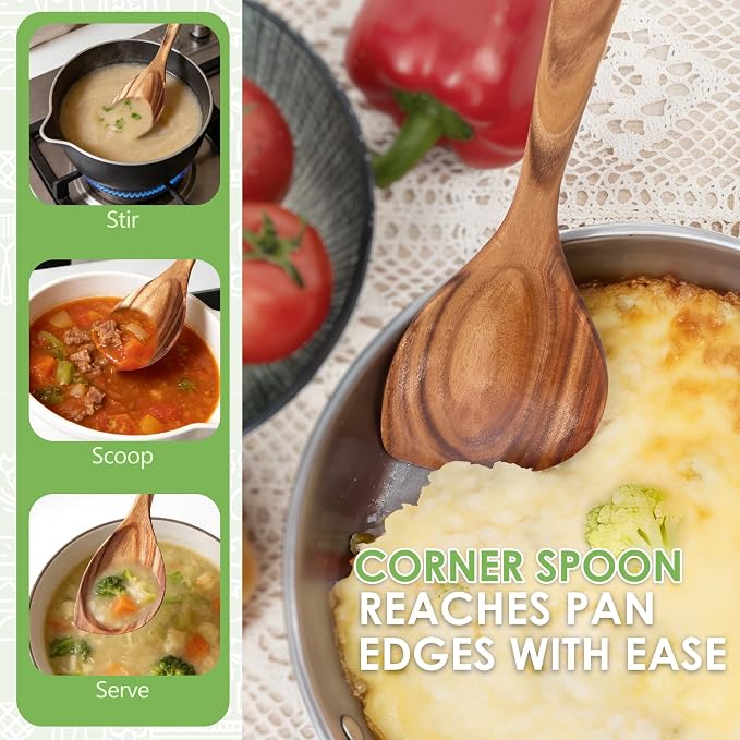 HOWHONG Corner Spoon Wooden Cooking Utensil, Long Handle Acacia Wood Spoon for Cooking, Large Head for Pan Edges, Smooth Finish, Nonstick Cookware Safe, Bare Wood Feel for Daily Kitchen Use